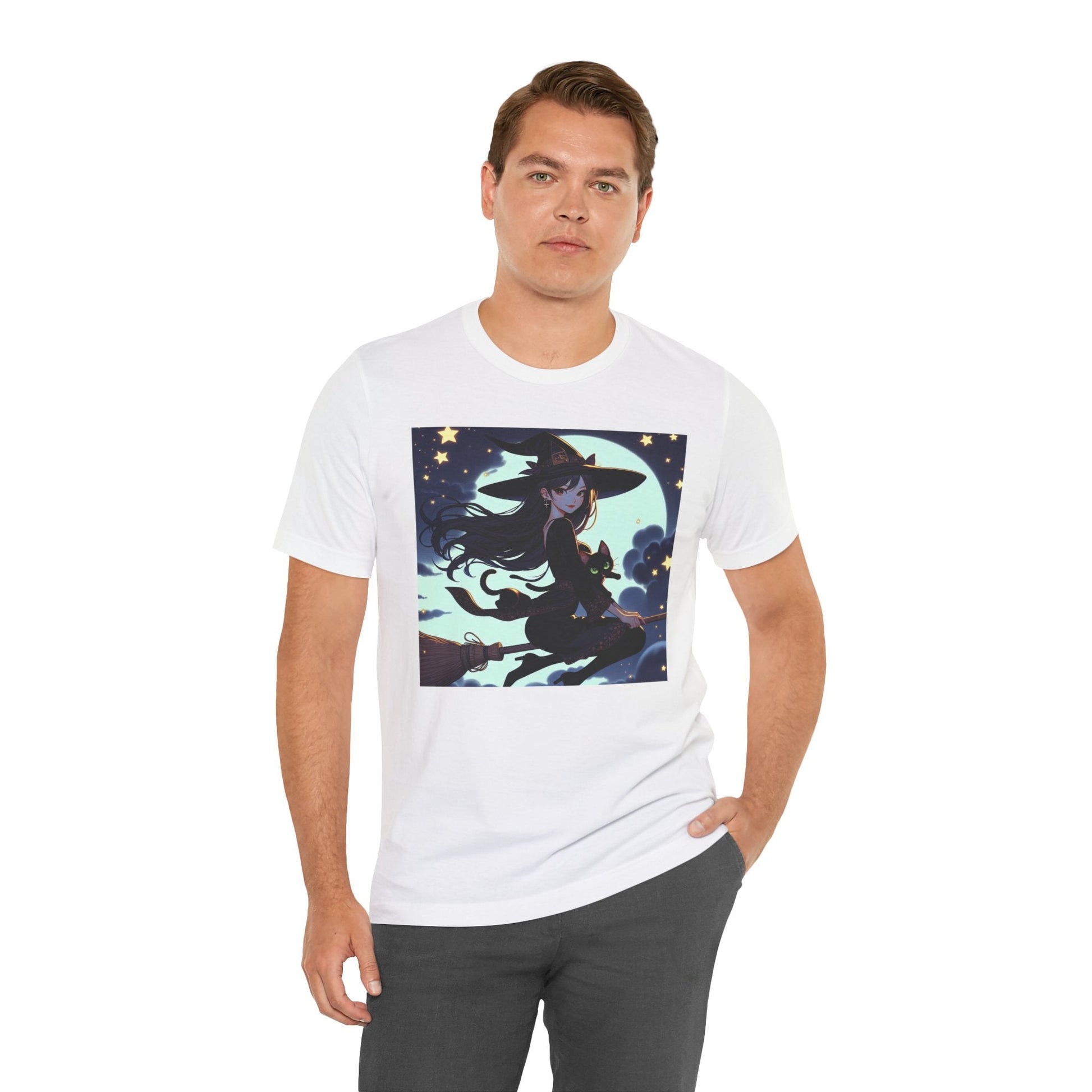 Moonlit Witch Flight: Witch and Black Cat Broomstick T-Shirt - Resonating Crystal Creations