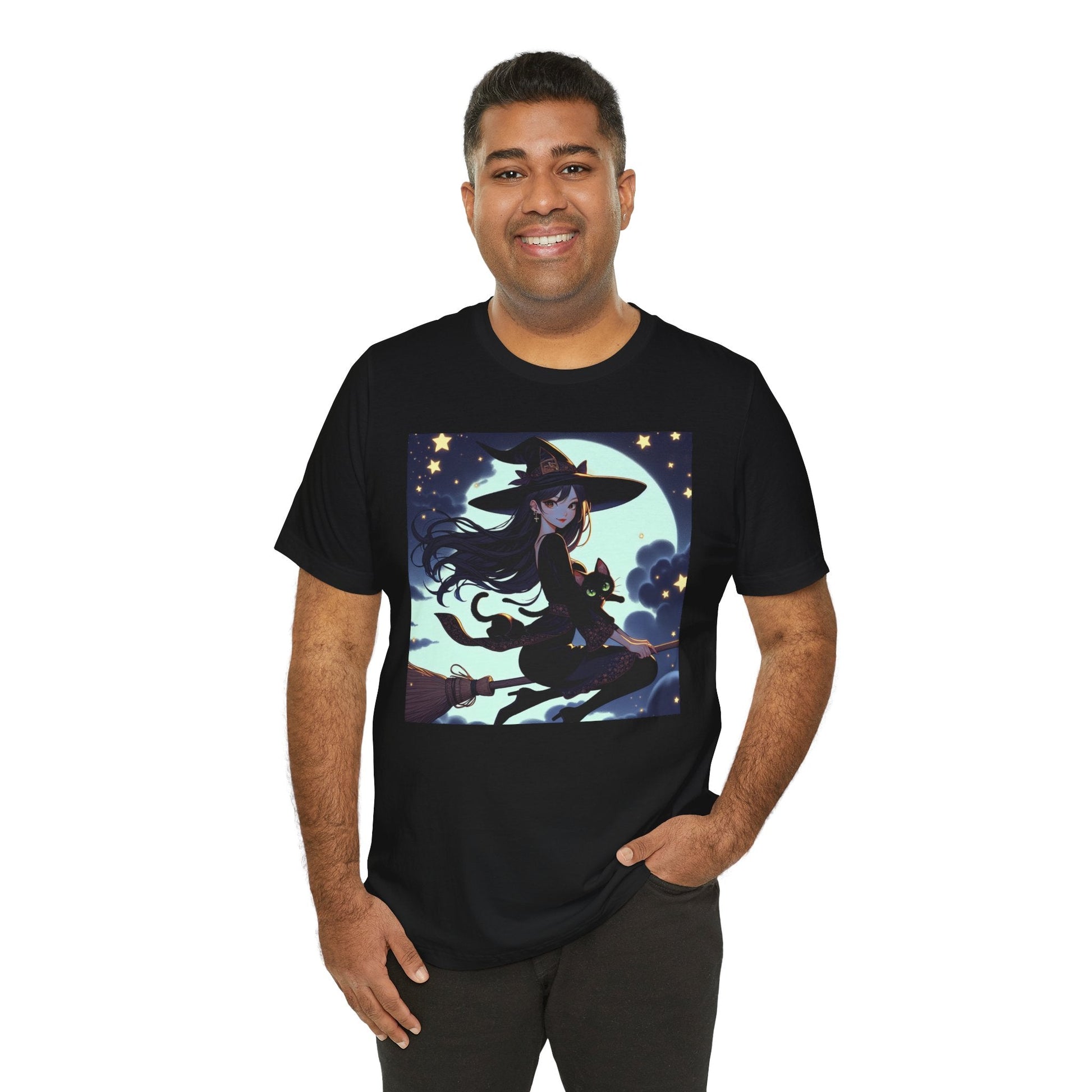 Moonlit Witch Flight: Witch and Black Cat Broomstick T-Shirt - Resonating Crystal Creations