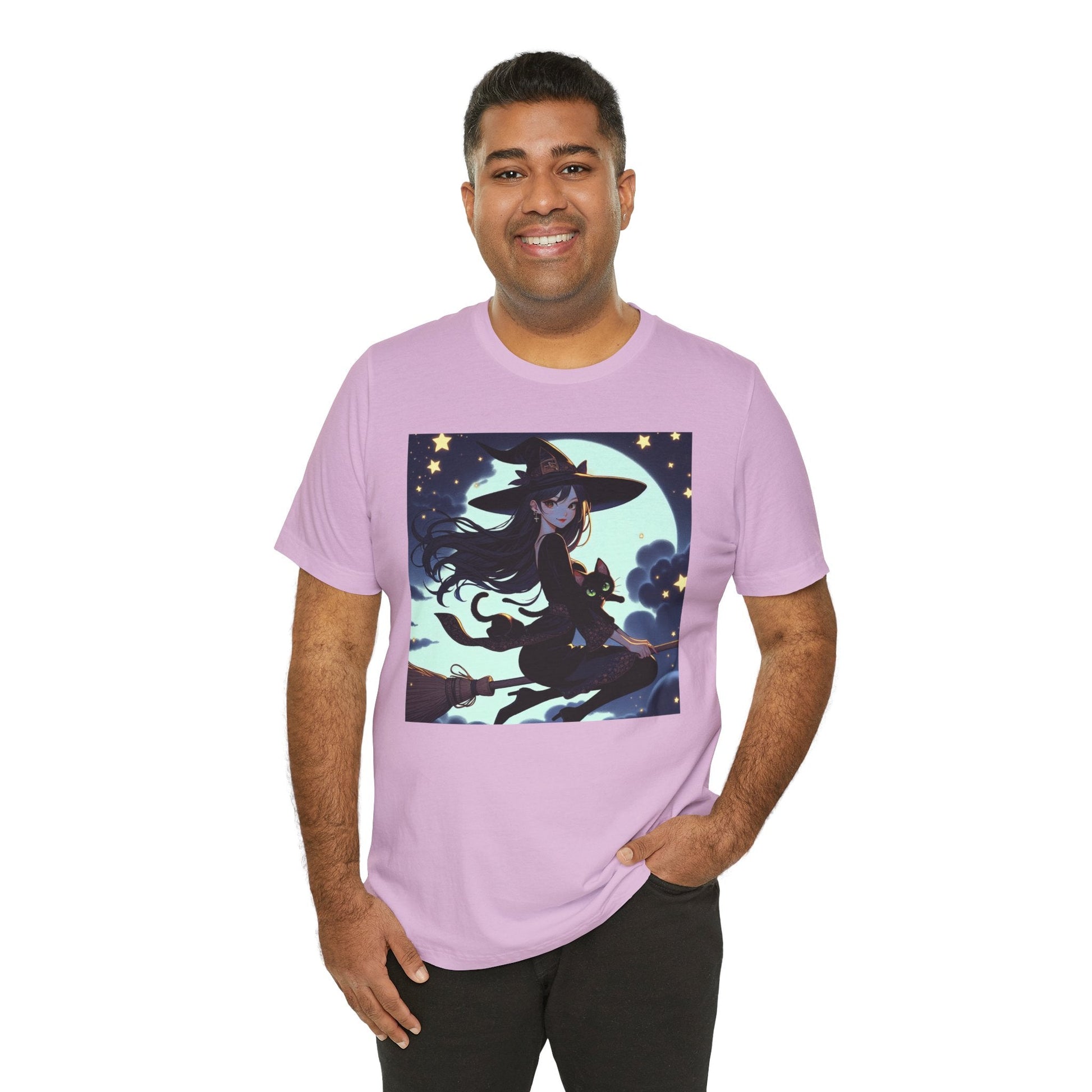 Moonlit Witch Flight: Witch and Black Cat Broomstick T-Shirt - Resonating Crystal Creations