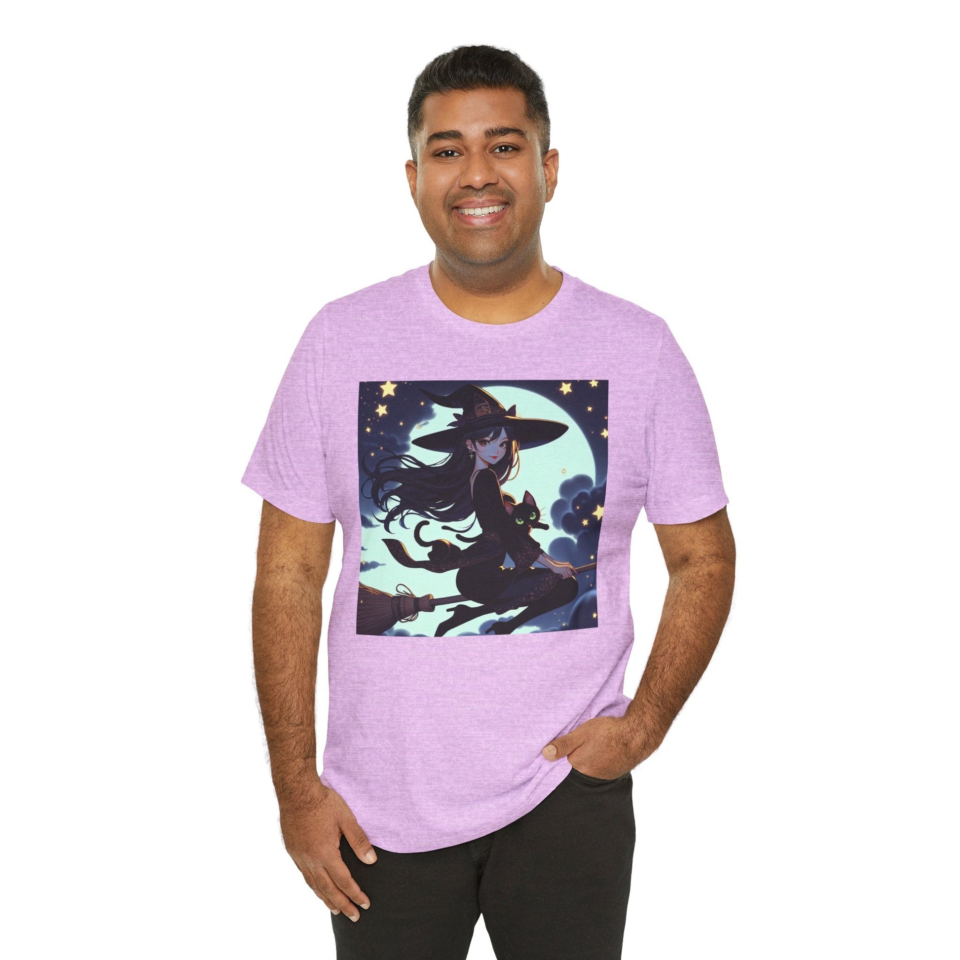 Moonlit Witch Flight: Witch and Black Cat Broomstick T-Shirt - Resonating Crystal Creations