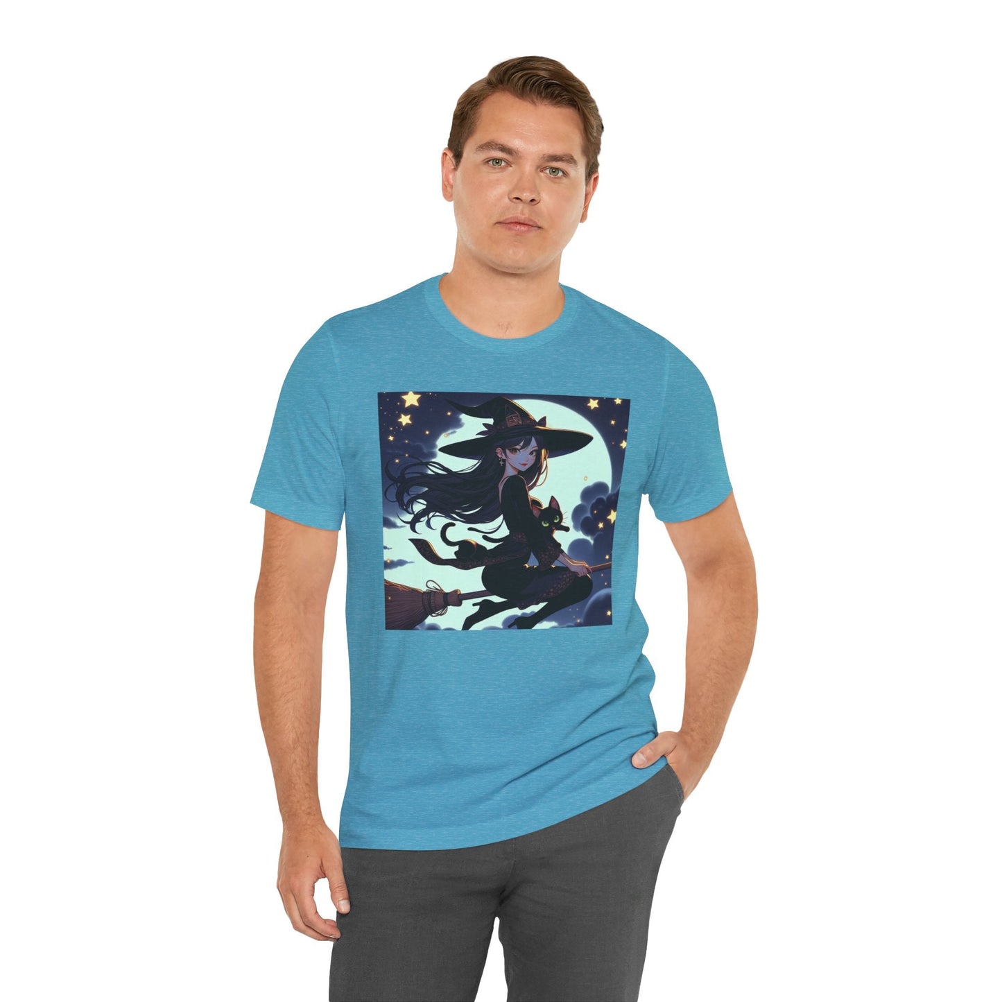 Moonlit Witch Flight: Witch and Black Cat Broomstick T-Shirt - Resonating Crystal Creations