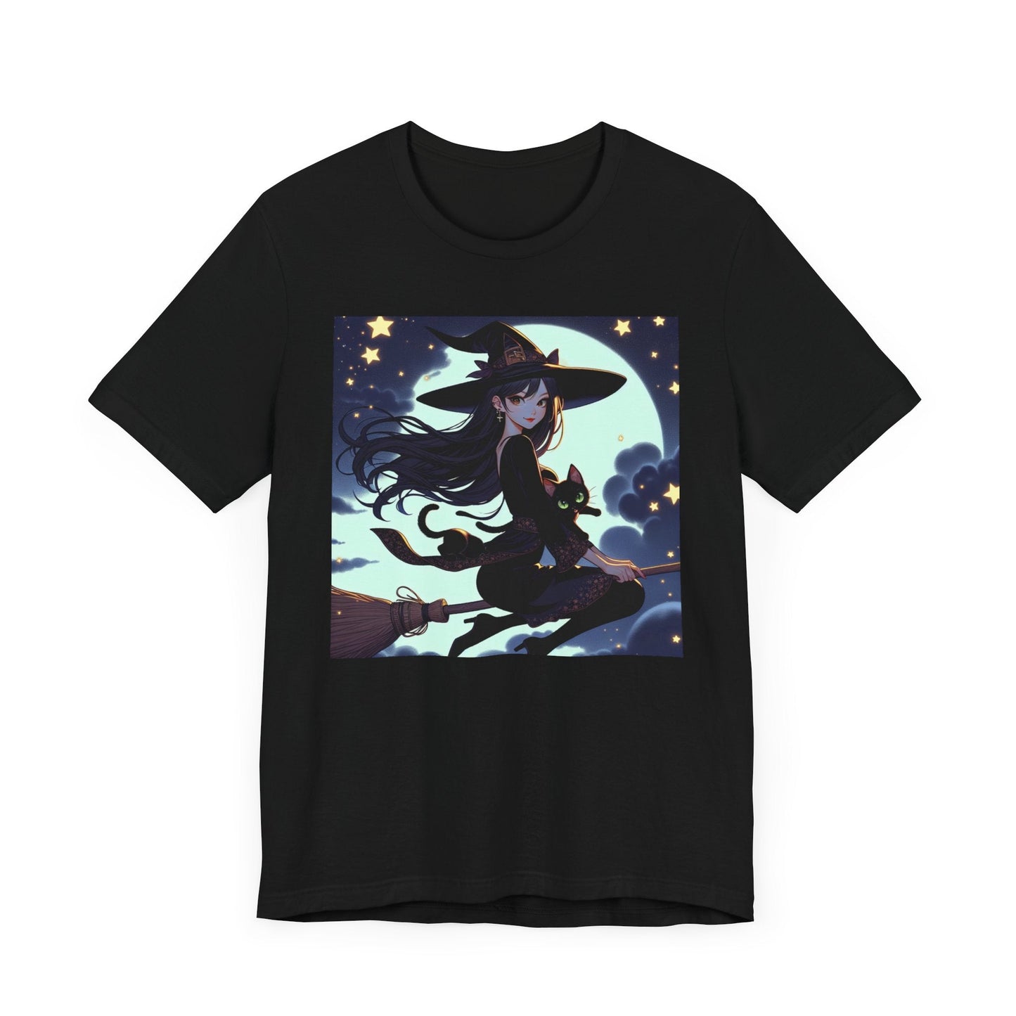 Moonlit Witch Flight: Witch and Black Cat Broomstick T-Shirt - Resonating Crystal Creations