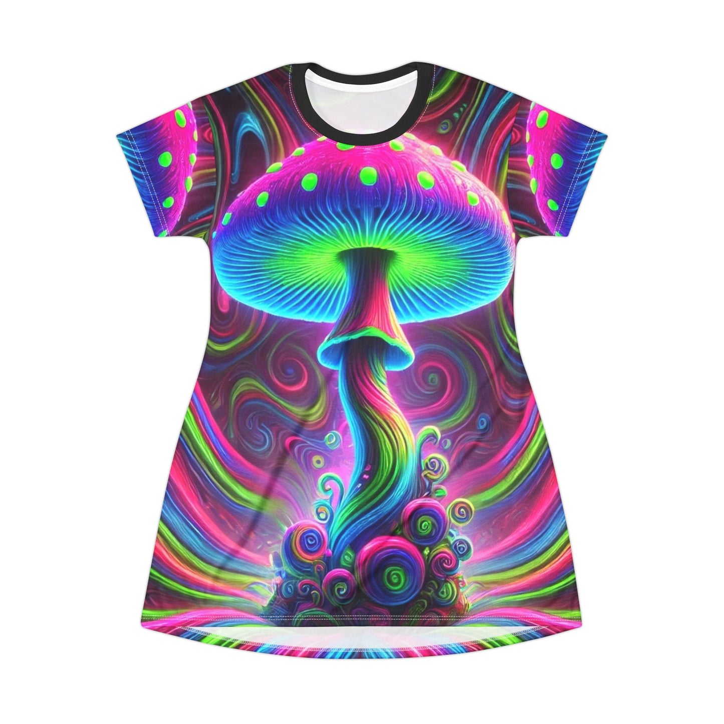 Mushroom T-Shirt Dress with Psychedelic Design - Resonating Crystal Creations