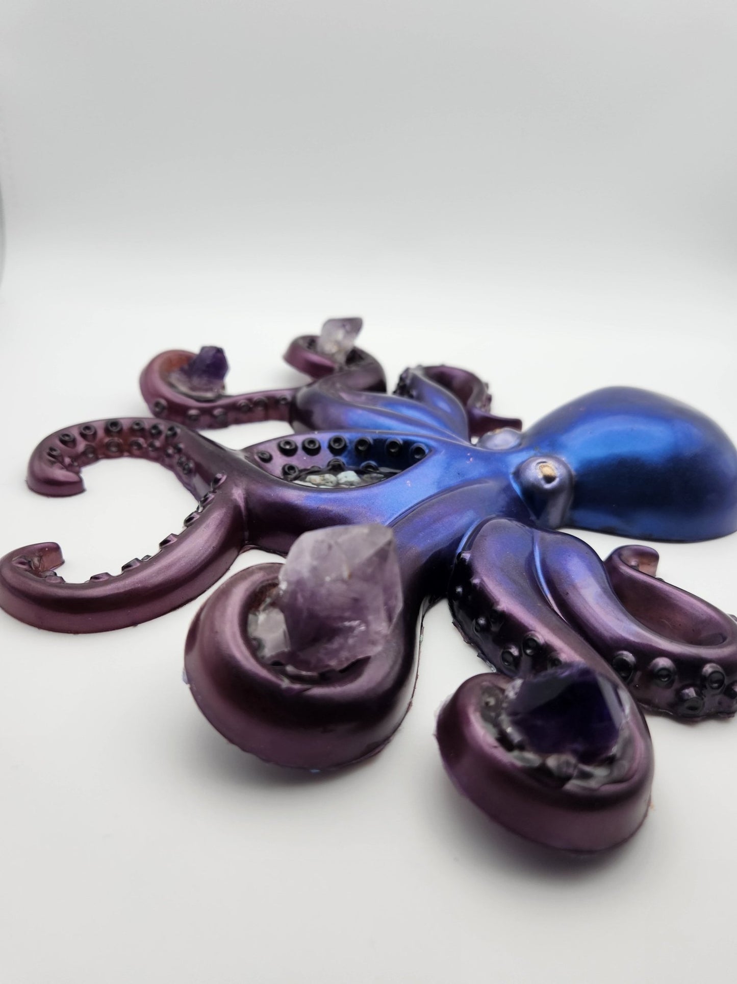 Resin Blue and Purple Resin Octopus Holding Amethyst - Resonating Crystal Creations