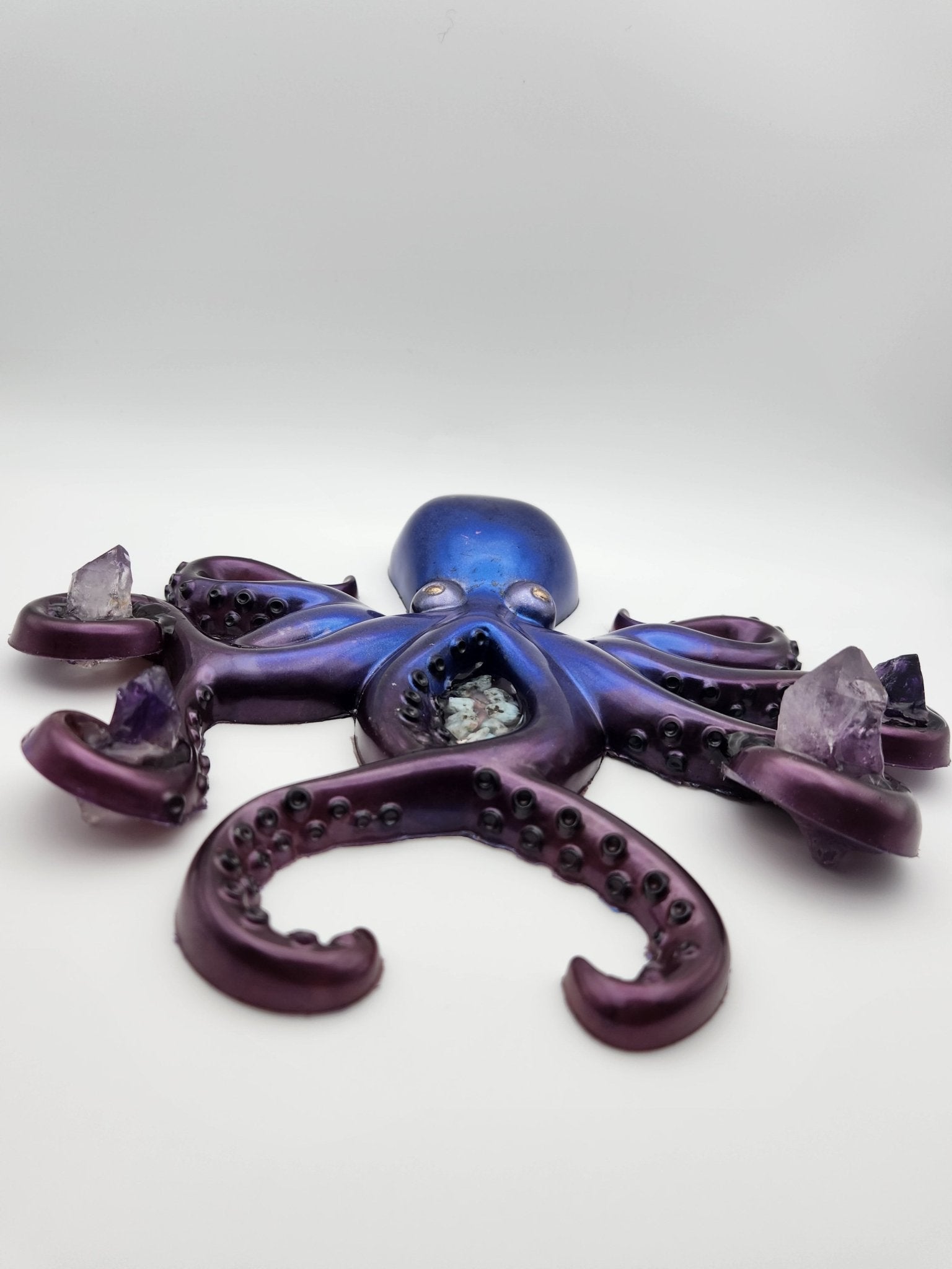 Resin Blue and Purple Resin Octopus Holding Amethyst - Resonating Crystal Creations