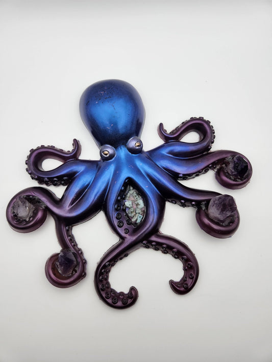 Resin Blue and Purple Resin Octopus Holding Amethyst - Resonating Crystal Creations