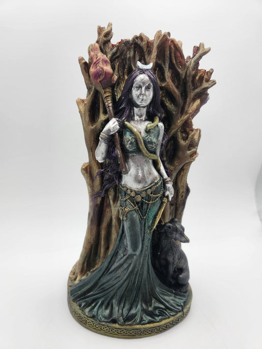 Resin Hekate Statue with green dress and purple hair - Resonating Crystal Creations