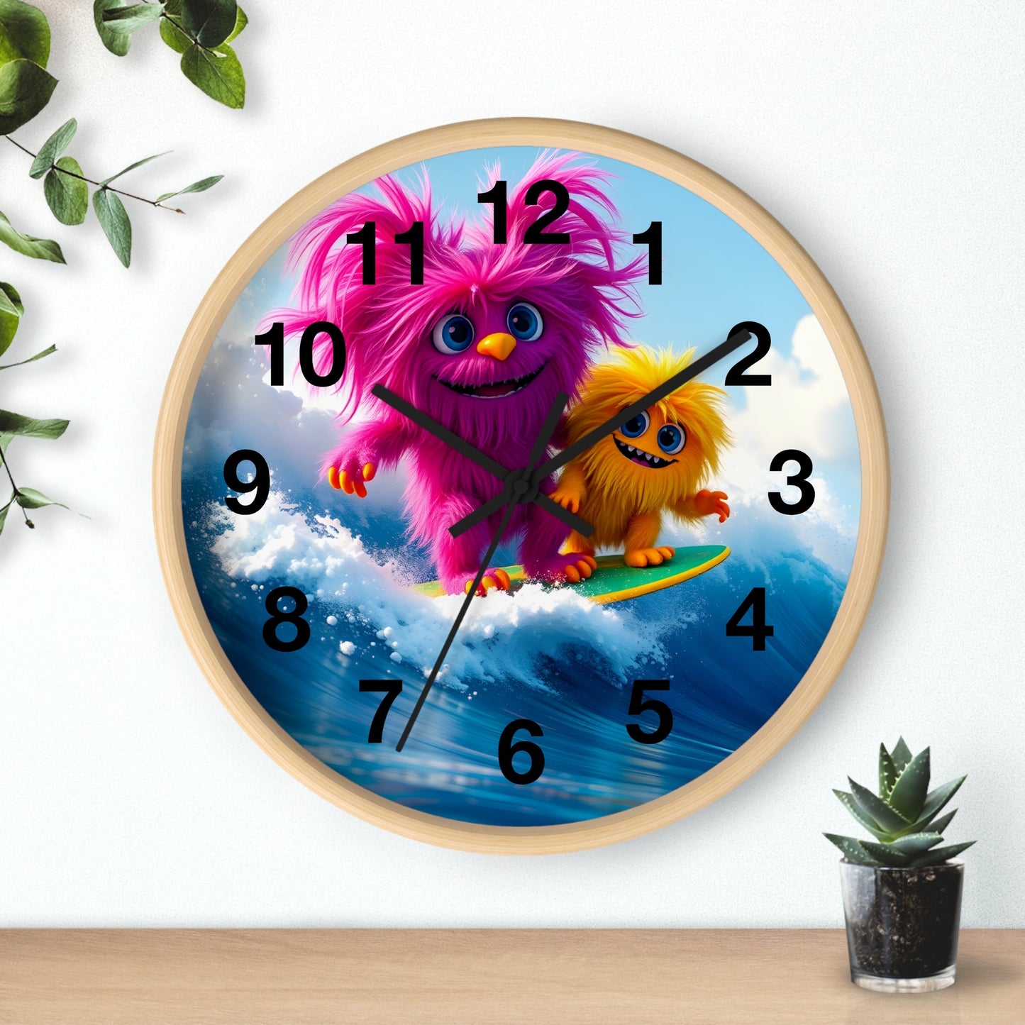 Surfing Monsters Wall Clock - Cute and Fun Home Decor - Resonating Crystal Creations