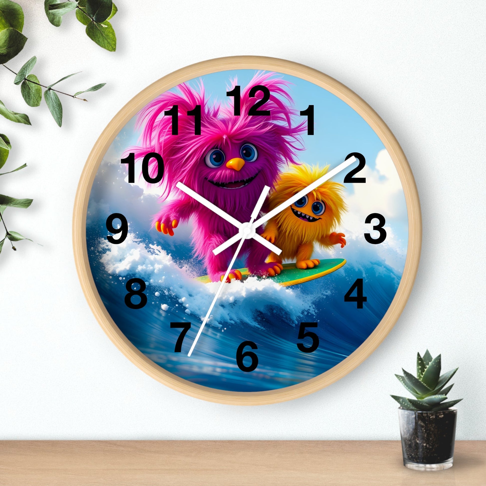 Surfing Monsters Wall Clock - Cute and Fun Home Decor - Resonating Crystal Creations