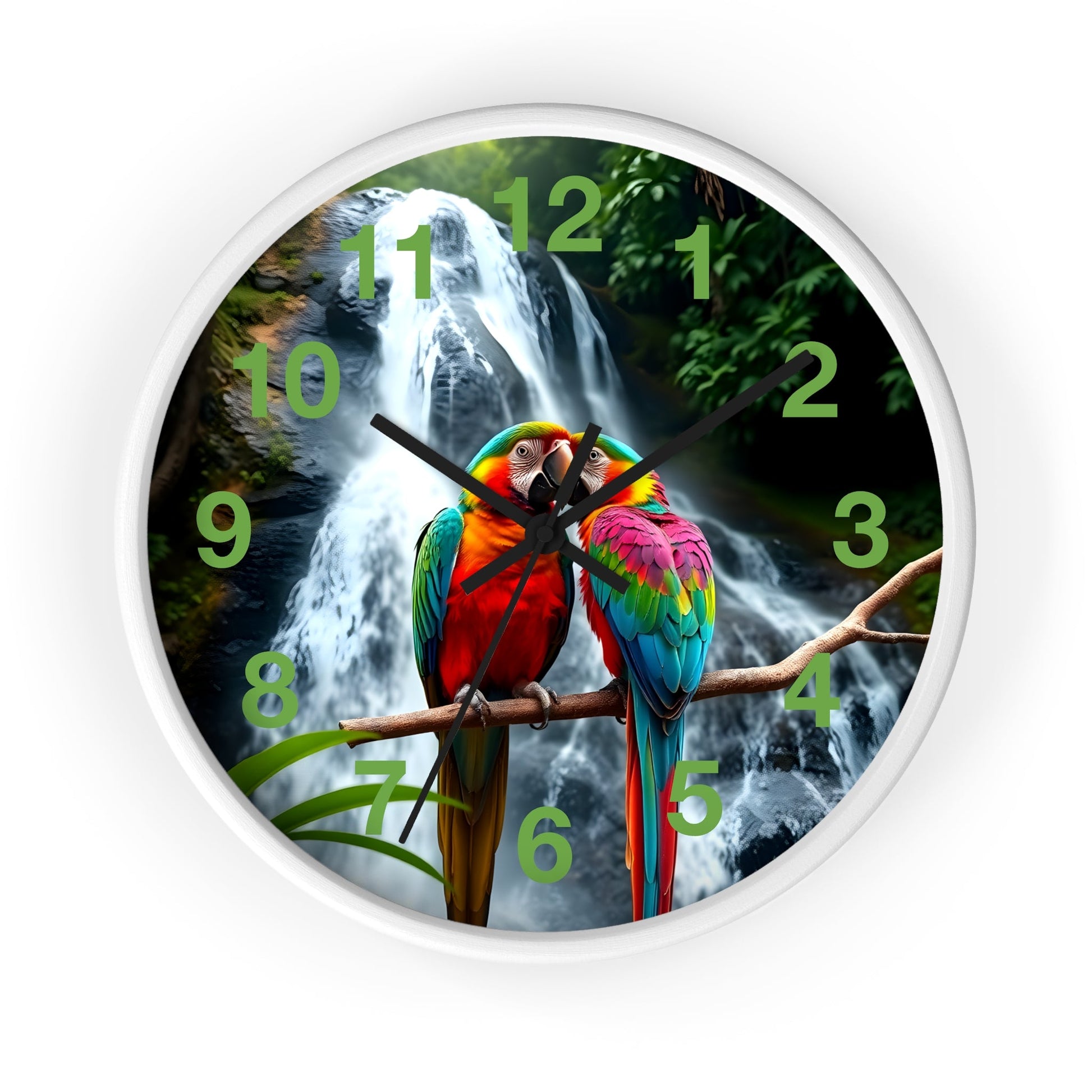 Wall Clock with Parrot Love Birds and Waterfall Design - Resonating Crystal Creations