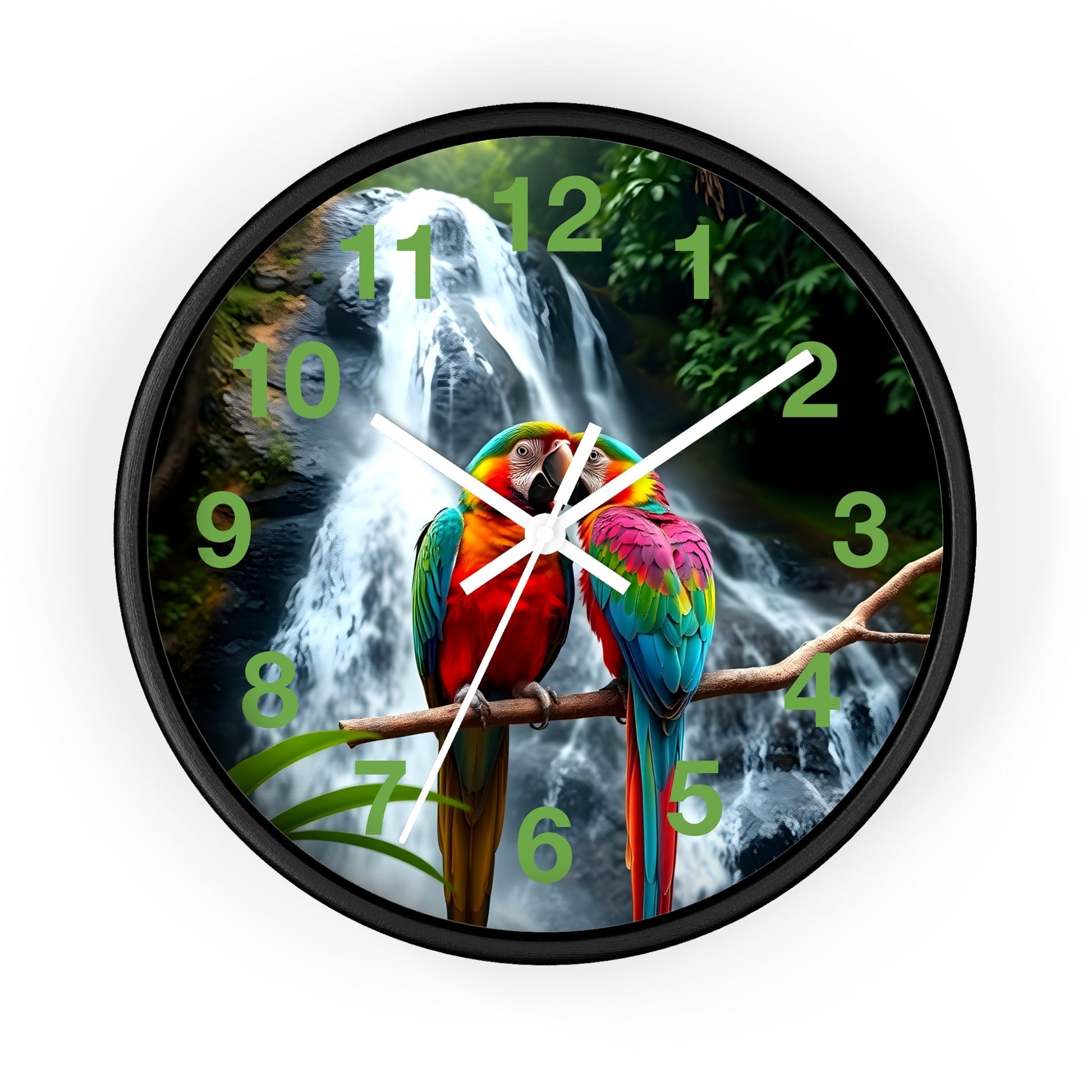 Wall Clock with Parrot Love Birds and Waterfall Design - Resonating Crystal Creations