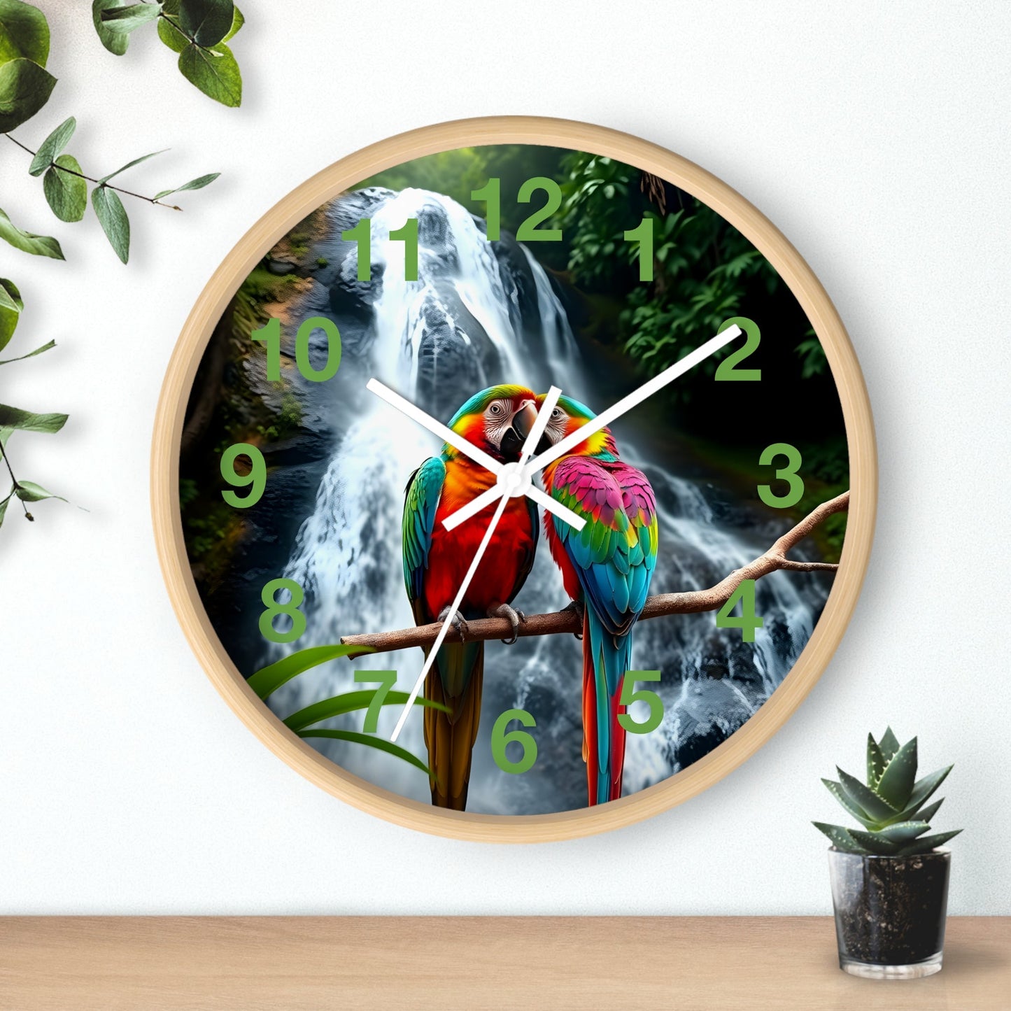 Wall Clock with Parrot Love Birds and Waterfall Design - Resonating Crystal Creations