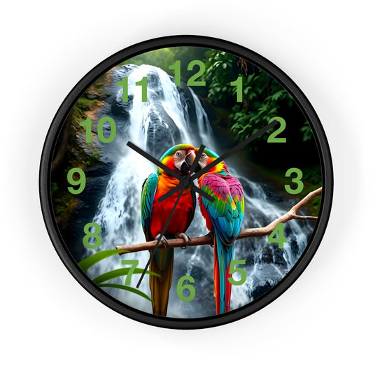 Wall Clock with Parrot Love Birds and Waterfall Design - Resonating Crystal Creations