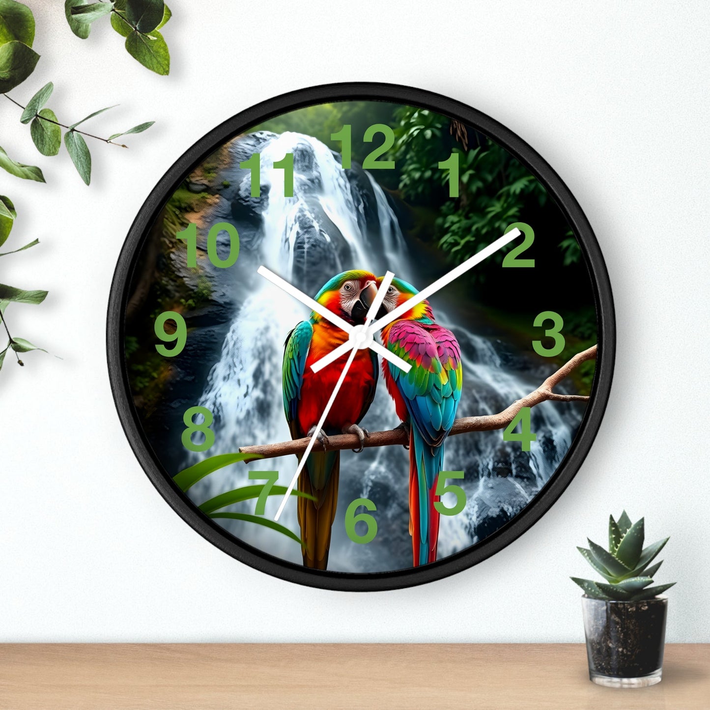 Wall Clock with Parrot Love Birds and Waterfall Design - Resonating Crystal Creations