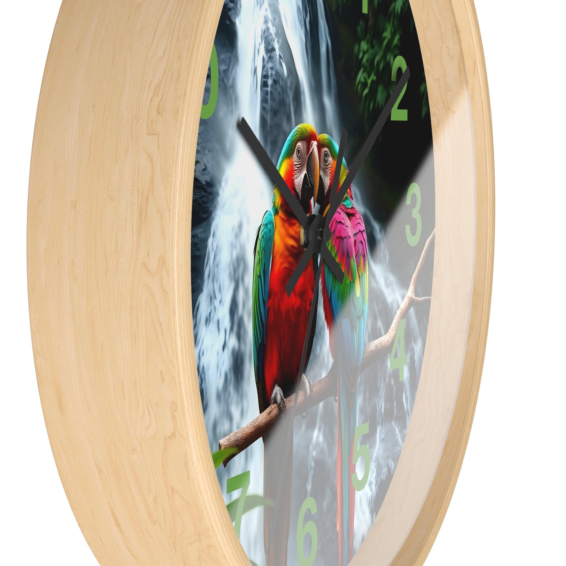 Wall Clock with Parrot Love Birds and Waterfall Design - Resonating Crystal Creations