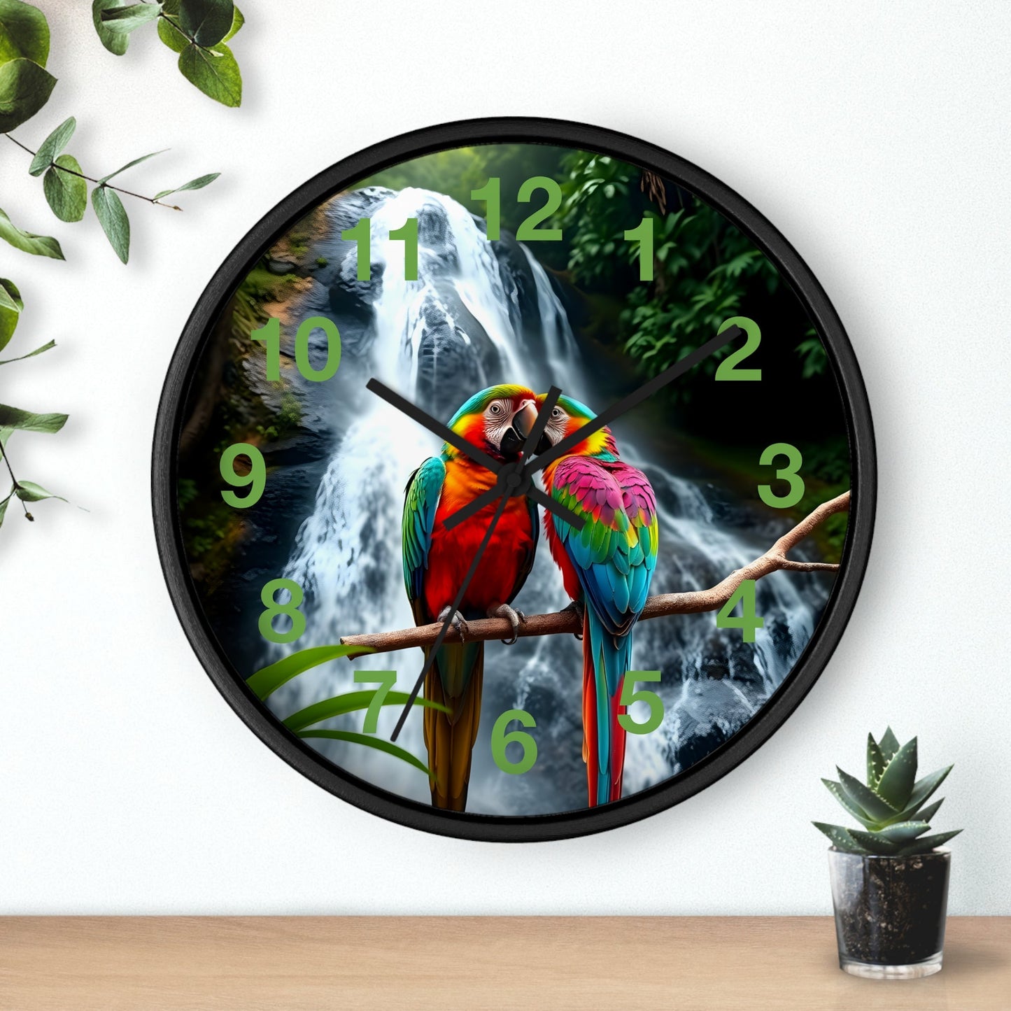 Wall Clock with Parrot Love Birds and Waterfall Design - Resonating Crystal Creations