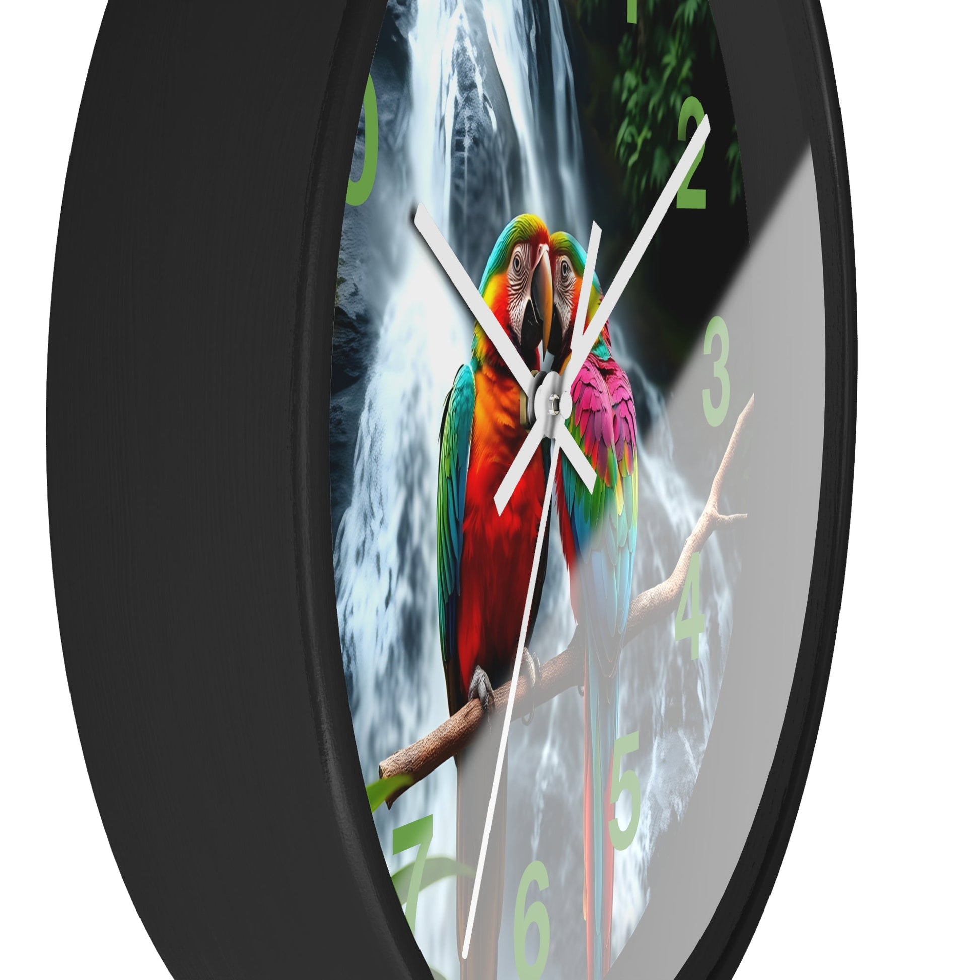 Wall Clock with Parrot Love Birds and Waterfall Design - Resonating Crystal Creations