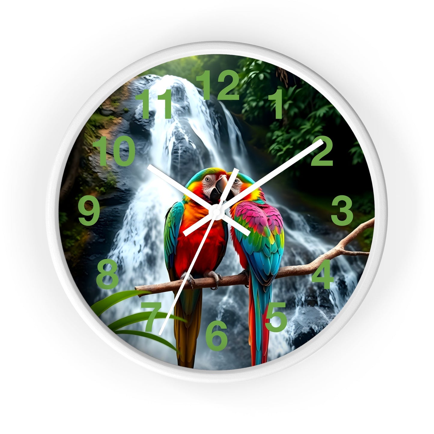 Wall Clock with Parrot Love Birds and Waterfall Design - Resonating Crystal Creations