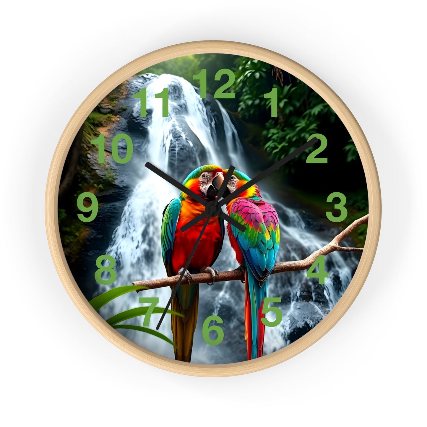 Wall Clock with Parrot Love Birds and Waterfall Design - Resonating Crystal Creations