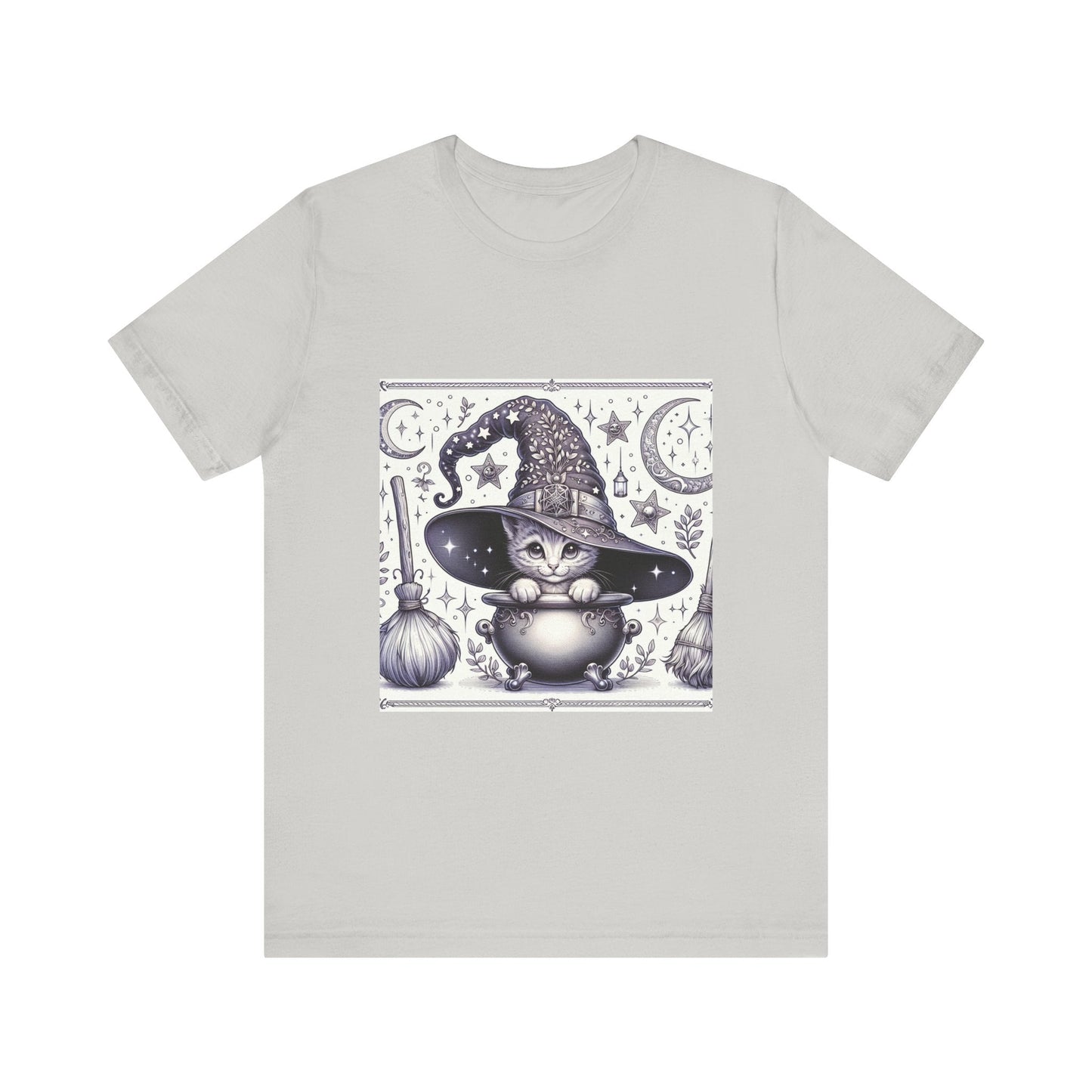 Witchy Kitten Tee, Halloween Cat Shirt, Cauldron Graphic T-Shirt, Magical Cat Top, Vintage Style Witch Shirt - Resonating Crystal Creations