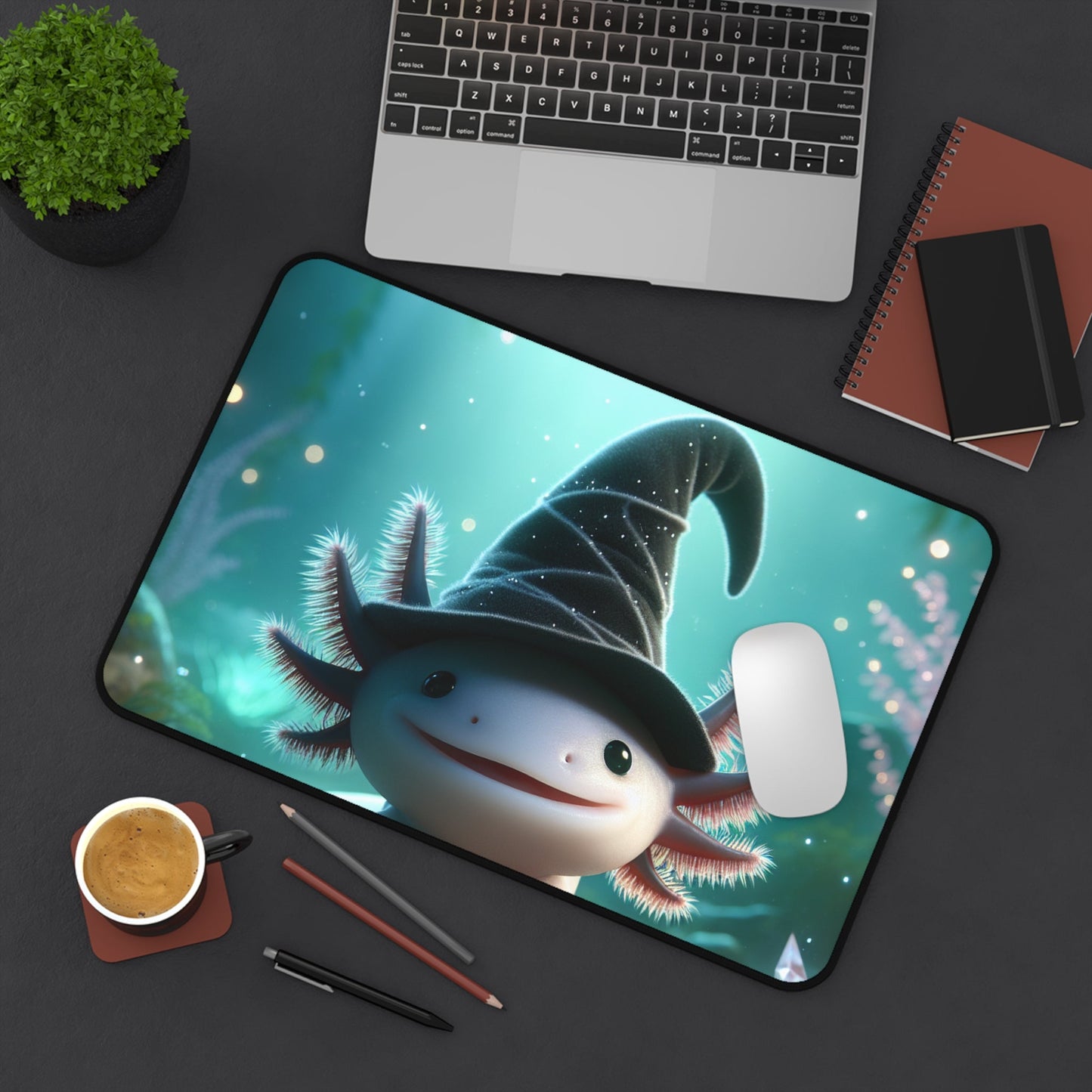 Wizard axolotl Desk Mat, Cute Office Decor, Gaming Mouse Pad, Desk Accessories, Work from Home Gift, Computer Desk Decor - Resonating Crystal Creations