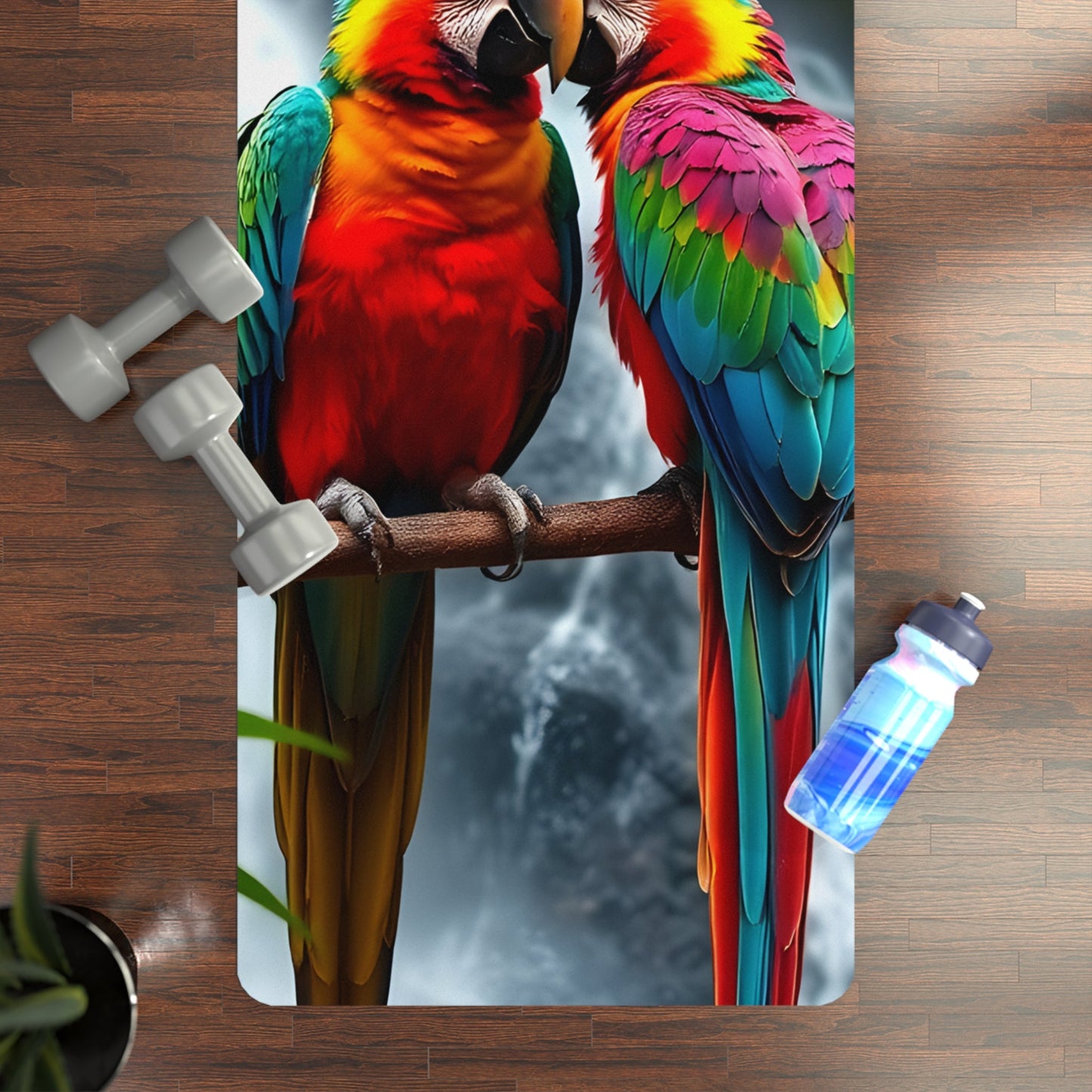 Yoga Mat, Parrots at a Waterfall, Rubber Meditation Mat, Tropical Birds Exercise Mat, Nature Inspired Fitness Gear, Jungle Print Workout Pad - Resonating Crystal Creations